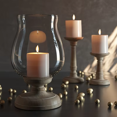 Elegant Glass Shade Candle Lamp With Wooden Base Lit Candle And Gold Beads Decoration 3d model