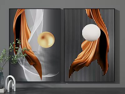 Abstract Wall Art With Orange Fabric Golden White Spheres And Striped Background 3d model