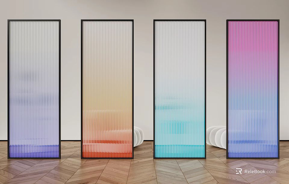 Colored Ribbed Glass Room Dividers in Modern Interior with Herringbone Wooden Floor Design 3d model 