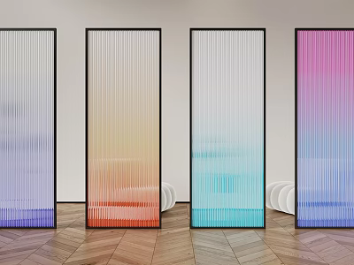 Colored Ribbed Glass Room Dividers in Modern Interior with Herringbone Wooden Floor Design 3d model