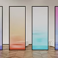 Colored Ribbed Glass Room Dividers in Modern Interior with Herringbone Wooden Floor Design