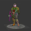 Game Movie Character Wearing Green Helmet and Yellow Armor Holding Weapon Standing on White Platform