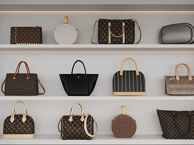 Fashionable Handbags with Various Styles and Colorful Patterns Displayed on White Shelves 3d model