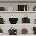 Fashionable Handbags with Various Styles and Colorful Patterns Displayed on White Shelves