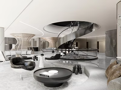 Modern Hotel Lobby Interior With Spiral Staircase And Luxury Seating Furniture 3d model