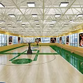 Basketball Court Interior Design Featuring Wooden Flooring Green Accents Ceiling Lights And Wall Murals