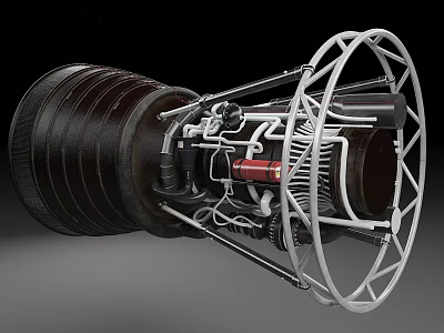 Detailed Cylindrical Rocket Engine Component With Metal Pipes Framework And Mechanical Parts 3d model