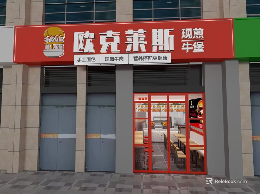 American Style Restaurant With Fresh Beef Hamburgers Nutritious Healthy Meals Red Signboard And Glass Door 3d model 