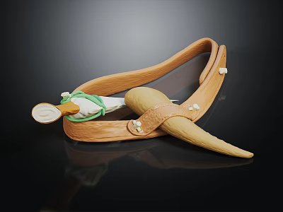 Antique Wooden Slingshot Weapon Featuring Leather Straps And Ammo Pouch 3d model