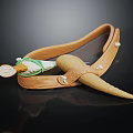 Antique Wooden Slingshot Weapon Featuring Leather Straps And Ammo Pouch