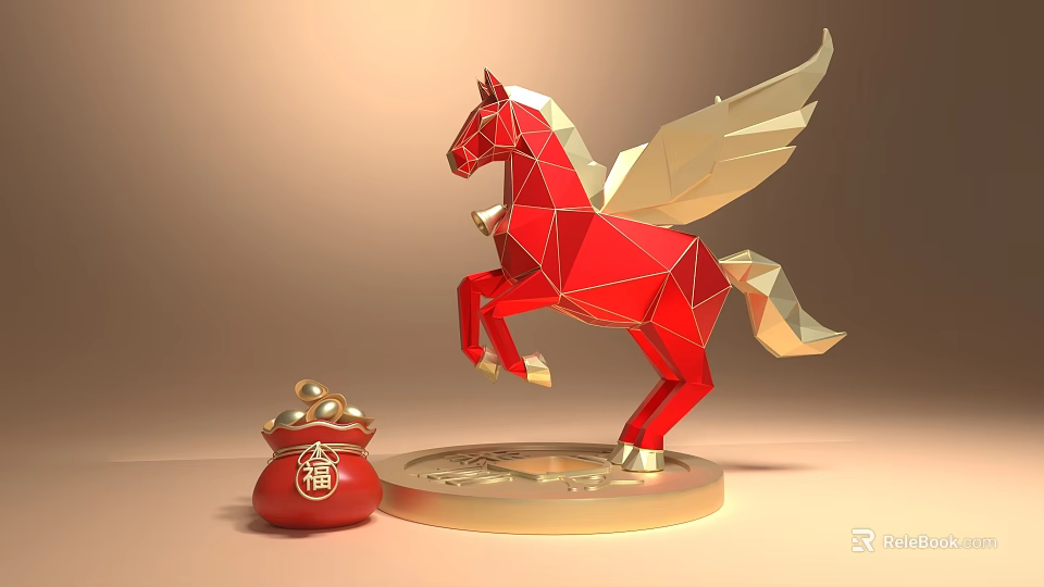 Red Horse Art Sculpture with Golden Wings and Circular Base Near Red Pouch 3d model 