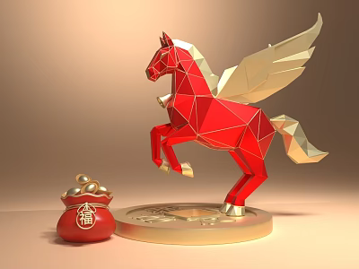 Red Horse Art Sculpture with Golden Wings and Circular Base Near Red Pouch 3d model