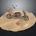 Vintage Scooter with Back Basket Holding Sticks Parked on Sandy Ground and a Ball