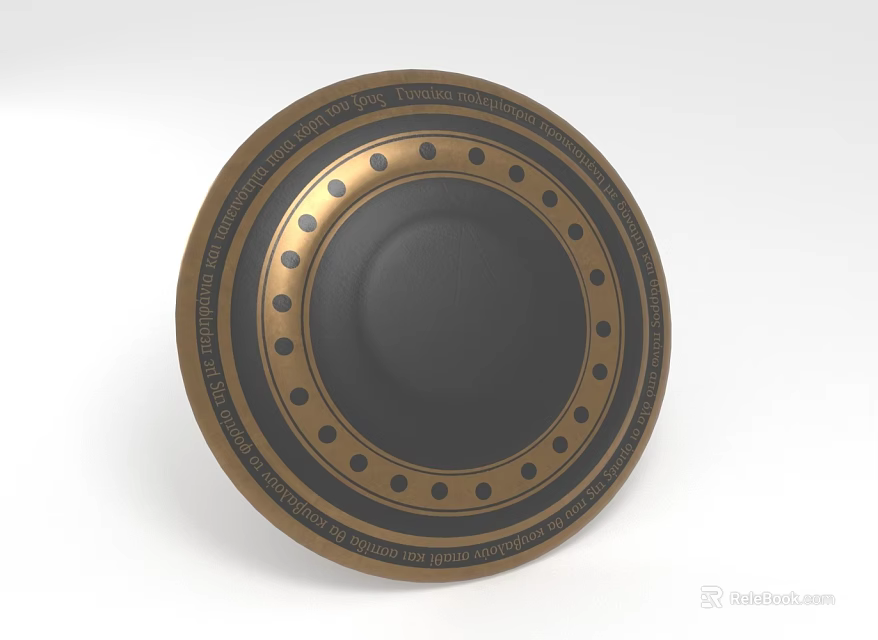 Ornate Circular Decorative Plate With Black Center And Gold Dot Border 3d model 