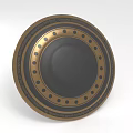 Ornate Circular Decorative Plate With Black Center And Gold Dot Border