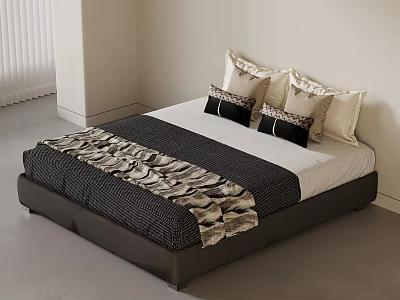 Modern Double Bed With Brown Frame Black And White Bedding And Decorative Pillows 3d model