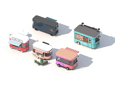 Multiple Colorful Food Trucks In Various Styles With Mobile Vending Windows And Roof Equipment 3d model