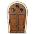 Wooden Double Doors with Arched Stone Frame and Circular Top Windows Classic Design
