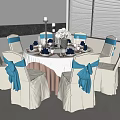 Round Dining Table With Beige Chairs Blue Bows White Tablecloth Tableware Vase And Candle Holders