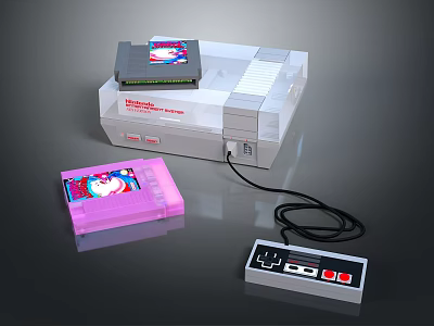 Retro Game Console With Cartridge Pink Case And Classic Controller System 3d model