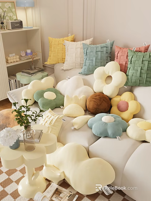 Soft Pillows with Woven Texture in Various Colors and Shapes on Living Room Sofa 3d model 
