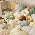 Soft Pillows with Woven Texture in Various Colors and Shapes on Living Room Sofa