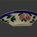 Fan Shaped Ceramic Plate With Red Flowers Green Leaves And Blue Rim