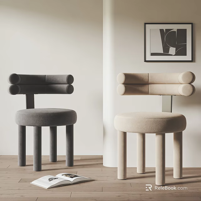 Gray And Beige Dining Chairs With Cylindrical Armrests And Legs Light Colored Walls Wooden Floors 3d model 