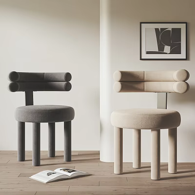 Gray And Beige Dining Chairs With Cylindrical Armrests And Legs Light Colored Walls Wooden Floors 3d model