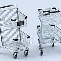 Two Tier Metal Shopping Carts With Wire Baskets And Rolling Wheels