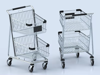 Two Tier Metal Shopping Carts With Wire Baskets And Rolling Wheels 3d model