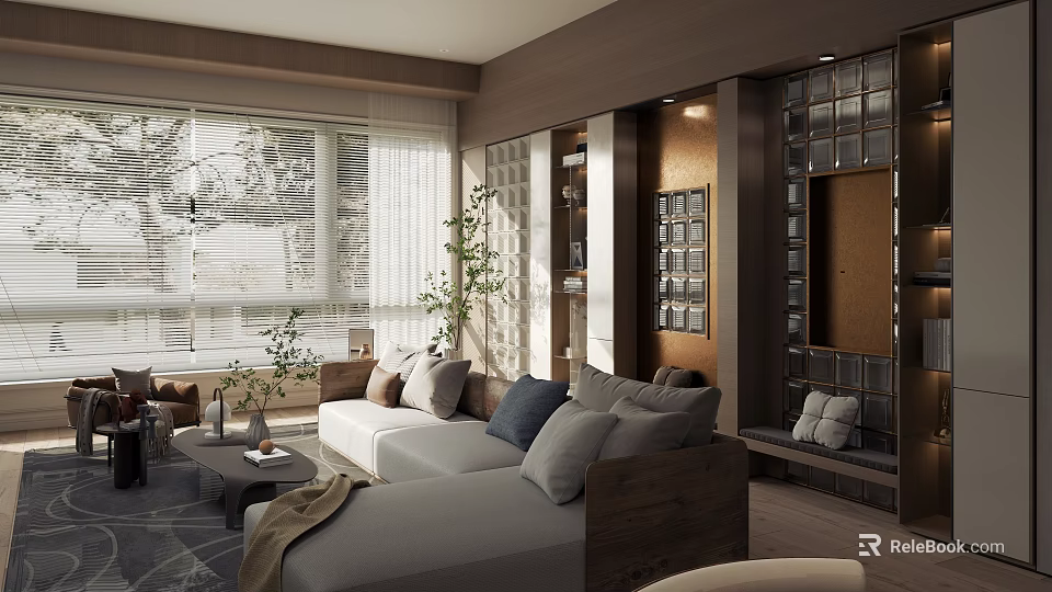 Modern Living Room Interior Design With Light Gray Sofa Large Windows And Green Plants 3d model 