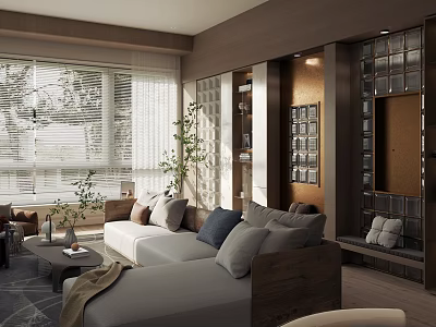 Modern Living Room Interior Design With Light Gray Sofa Large Windows And Green Plants 3d model