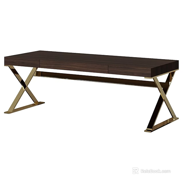 Modern Dark Wooden Desk With Golden Metal X Shaped Legs And Drawers 3d model 