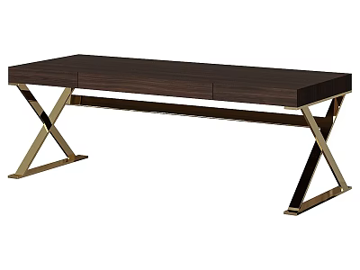 Modern Dark Wooden Desk With Golden Metal X Shaped Legs And Drawers 3d model