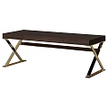 Modern Dark Wooden Desk With Golden Metal X Shaped Legs And Drawers