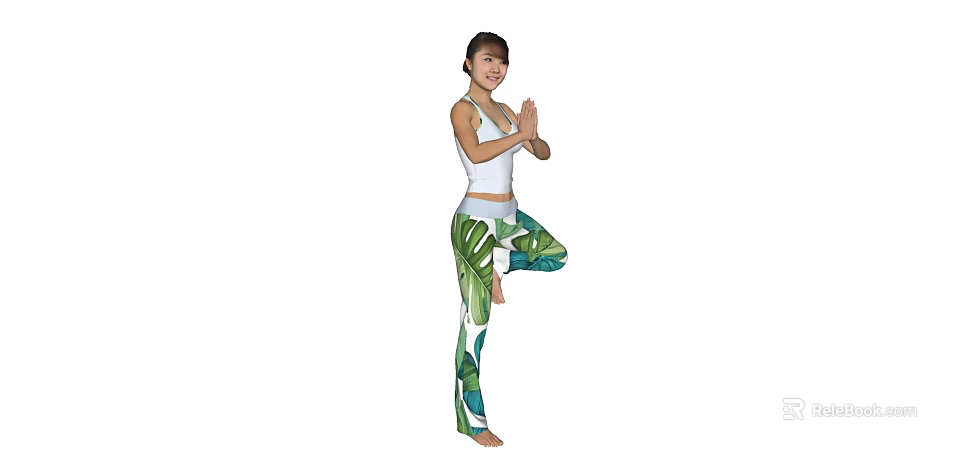 Woman Doing Tree Yoga Pose In White Tank Top And Tropical Leaf Print Leggings 3d model 
