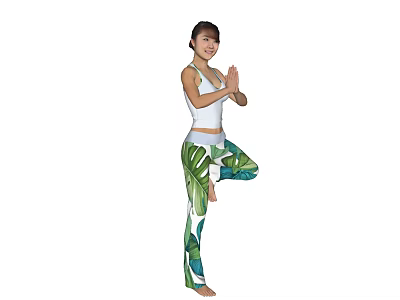 Woman Doing Tree Yoga Pose In White Tank Top And Tropical Leaf Print Leggings 3d model