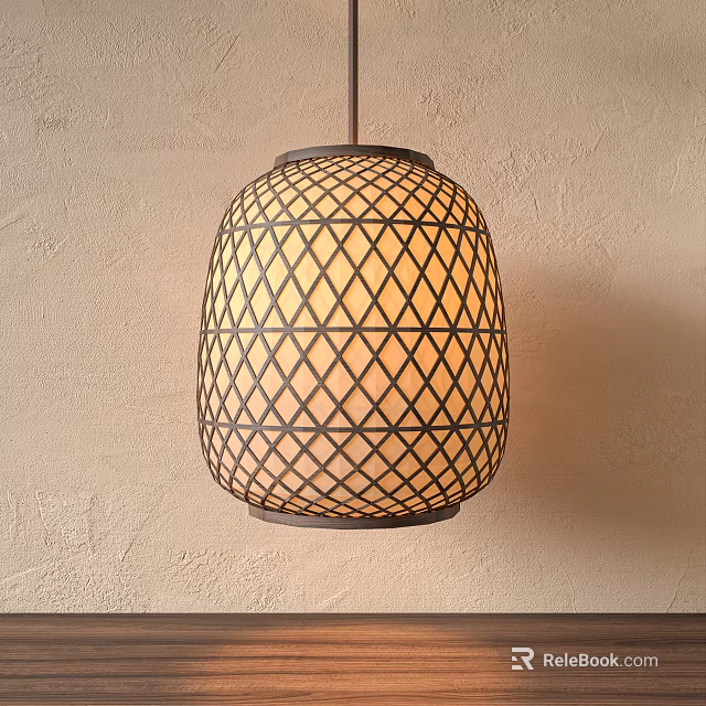 Traditional Bamboo Woven Lantern With Geometric Grid Pattern Soft Warm Light Glow Against Beige Wall 3d model 