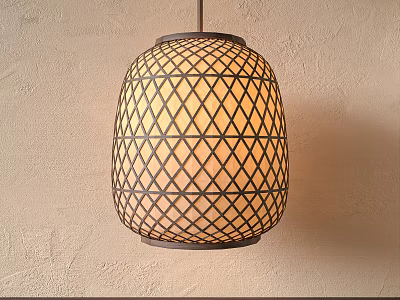 Traditional Bamboo Woven Lantern With Geometric Grid Pattern Soft Warm Light Glow Against Beige Wall 3d model