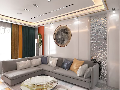 Modern Sofa Background Wall with Circular Painting Silver Panel and Colorful Throw Pillows 3d model