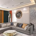 Modern Sofa Background Wall with Circular Painting Silver Panel and Colorful Throw Pillows