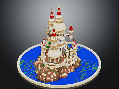 White Castle Model With Red Domes Towers Blue Water And Rocky Base 3d model