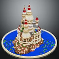 White Castle Model With Red Domes Towers Blue Water And Rocky Base