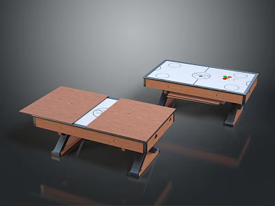 Two Air Hockey Tables With Wooden Tabletop And Field Pattern Including Pucks And Goals 3d model