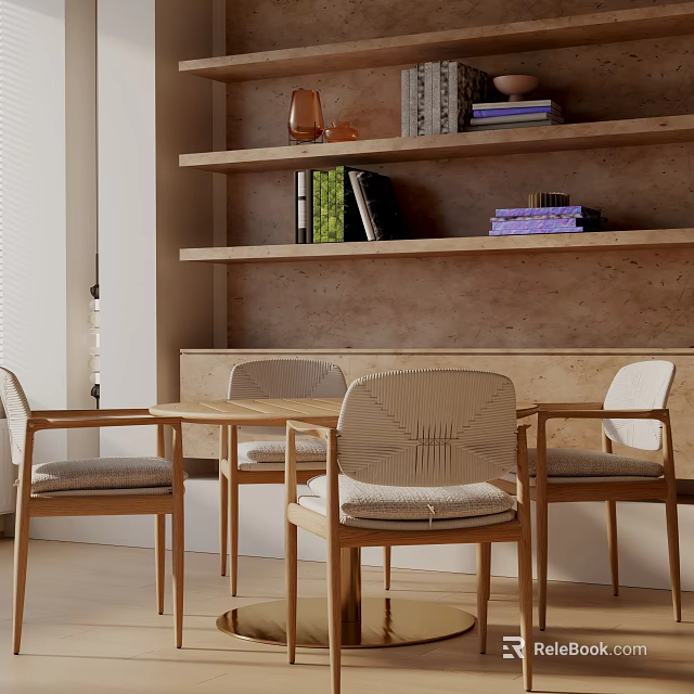 Modern Dining Set With Woven Chairs Wooden Table And Bookshelf In Home Area 3d model 