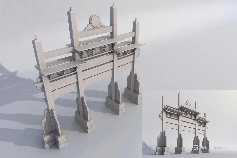 Traditional Chinese Stone Memorial Archway Featuring Intricate Carvings And Classic Architectural Design 3d model 