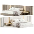 Modern Double Bed with Upholstered Headboard Pillows Blanket and Nightstand in Neutral Tones Design