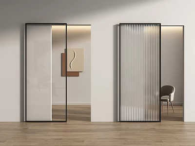 Modern Glass Sliding Doors With Black Frames In Minimalist Interior Wooden Flooring 3d model