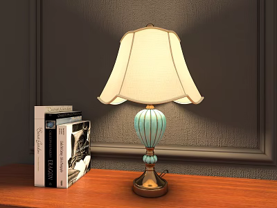 Turquoise Table Lamp With White Lampshade Golden Base On Wooden Table Near Books 3d model